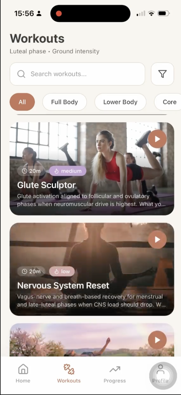 We Nomada app workouts screen showing phase-based sessions filtered by body focus
